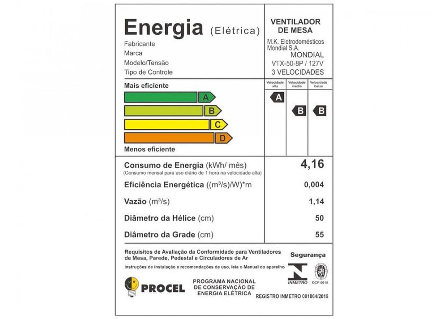 Ventilador de Mesa Mondial VTX-50 50cm 3 Velocidades