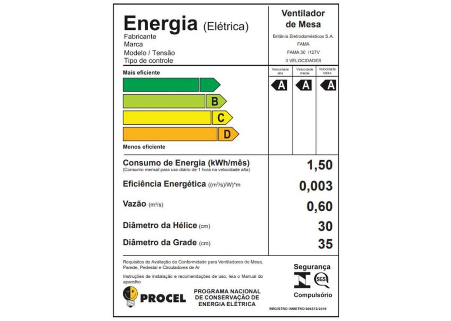 Ventilador de Mesa Britânia Fama 30 30cm 3 Velocidades