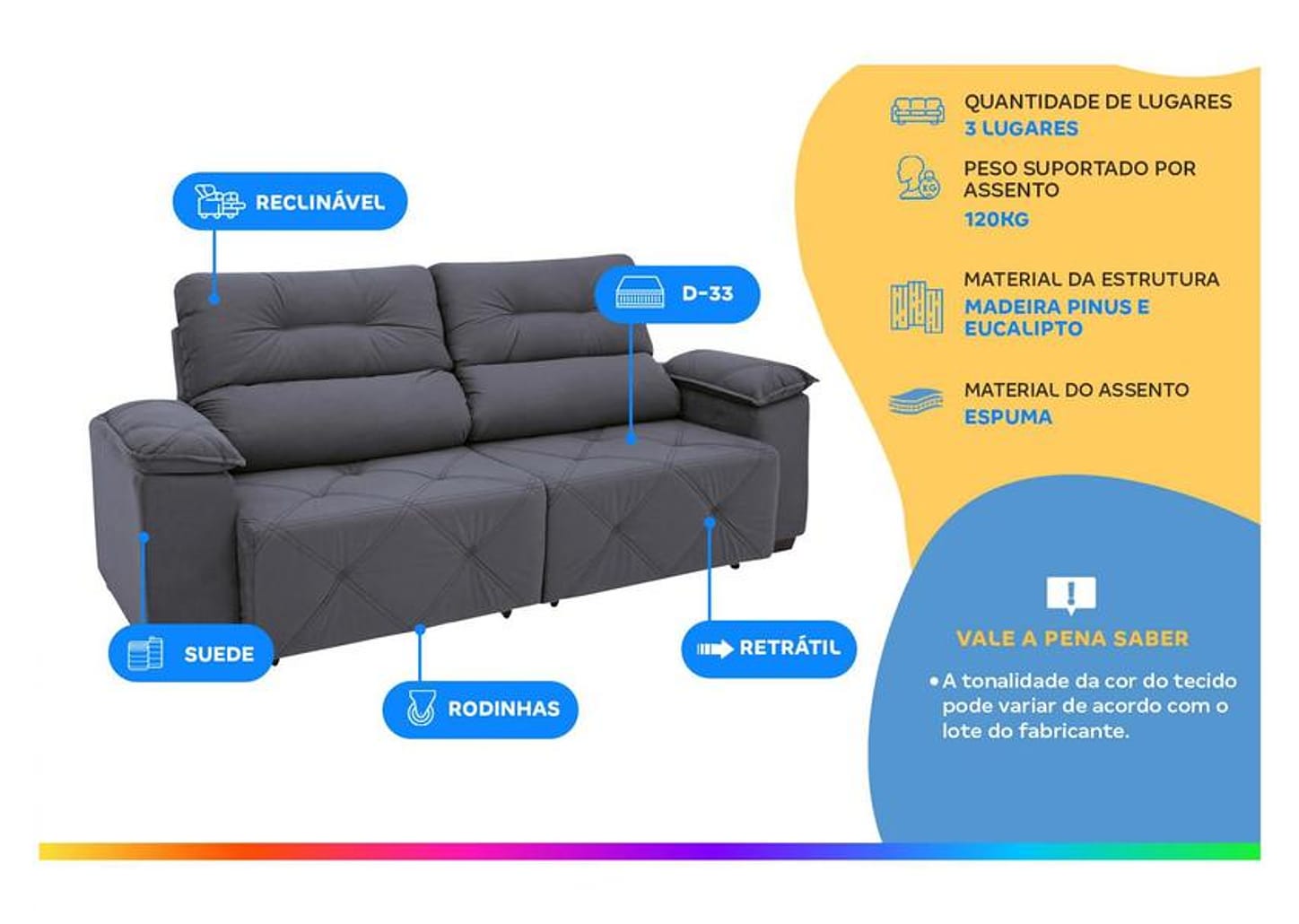 Sofá Retrátil Reclinável 3 Lugares Suede Moviment Grazzia Linoforte