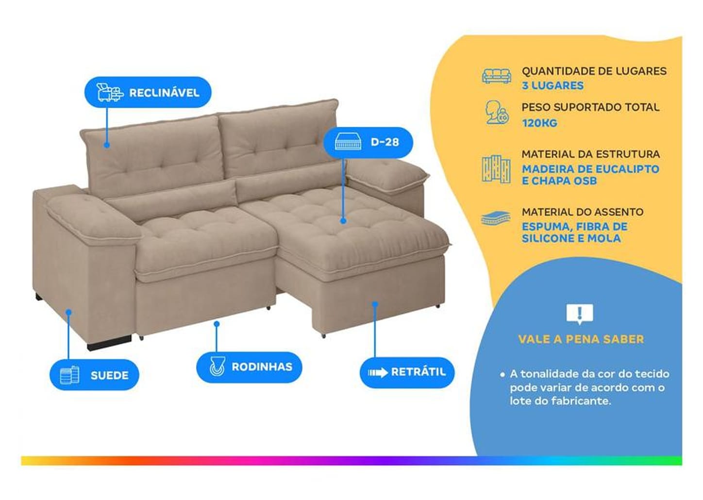 Sofá Retrátil Reclinável 3 Lugares Suede Veludo - Arezzo BestHouse