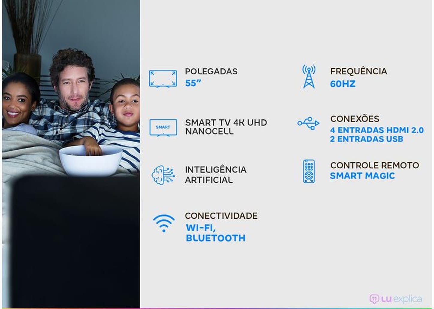 Smart TV 55” 4K UHD Nanocell LG 55NANO80 60Hz Wi-Fi e Bluetooth Alexa 4 HDMI 2 USB