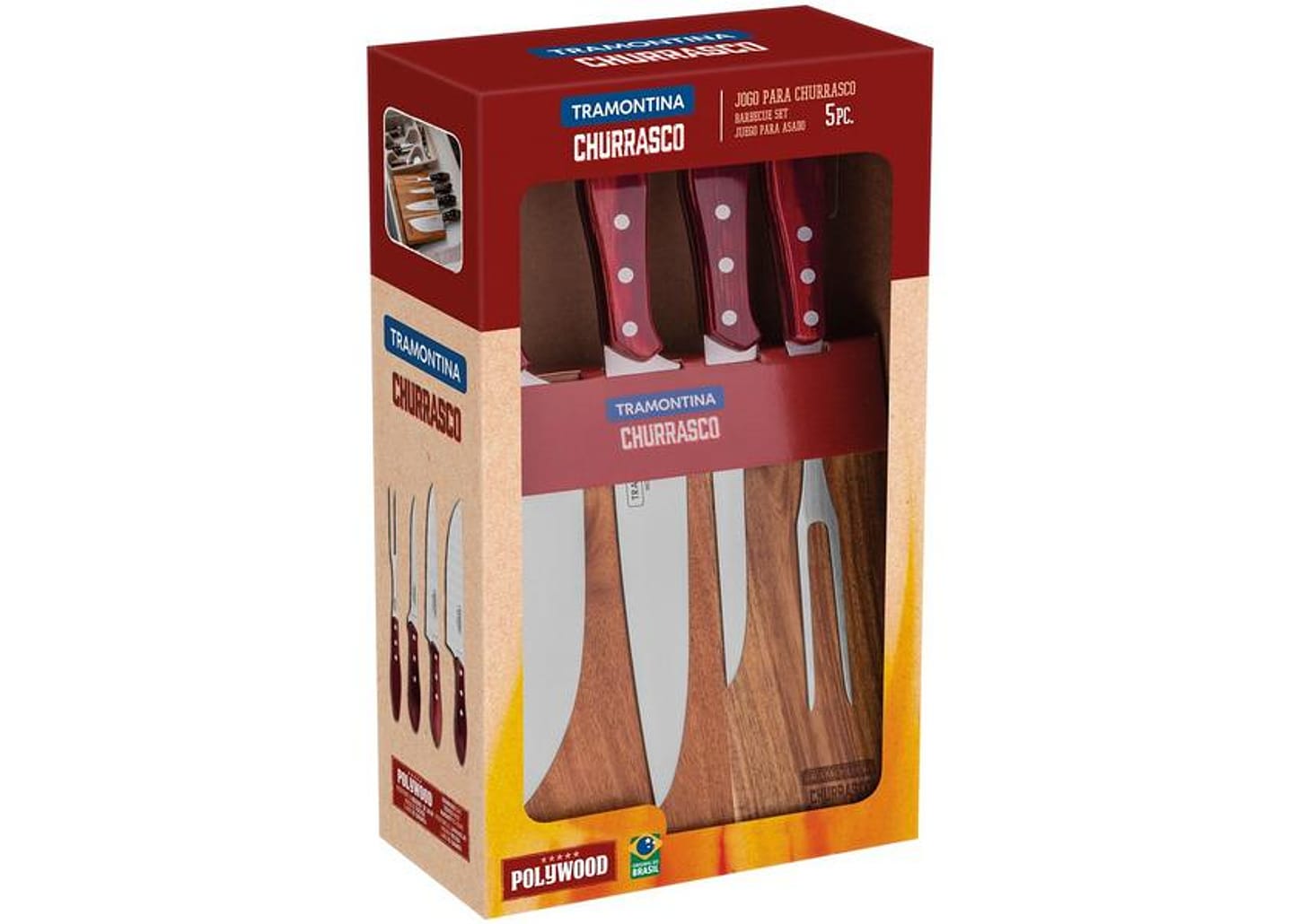 Jogo de Facas Churrasco Tramontina Inox com Tábua Polywood 5 Peças