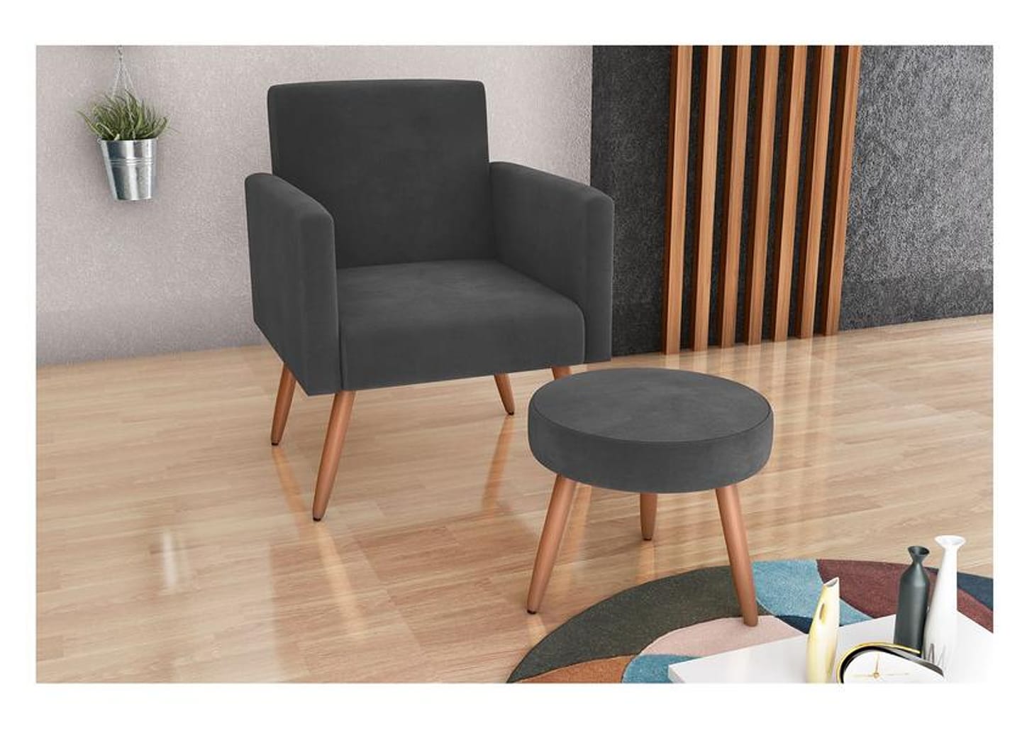 Poltrona Decorativa com Puff Moderno Matrix - Madri