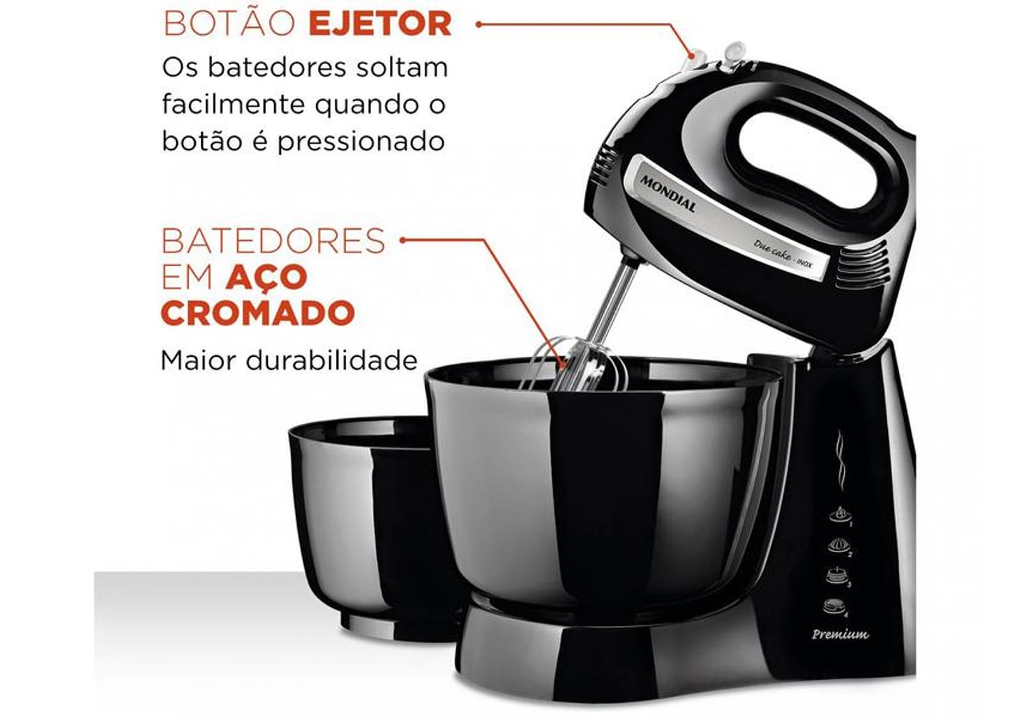 Batedeira Mondial Portátil Preta e Prata - Premium B-04 NP 400W 4 Velocidades