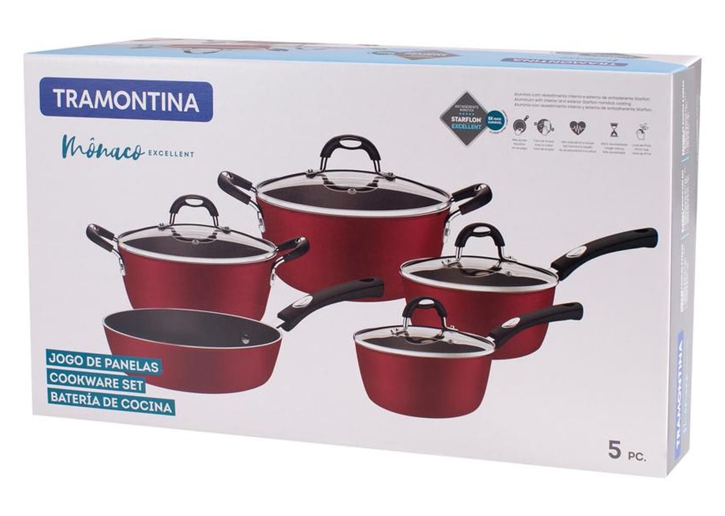 Jogo de Panelas Tramontina Antiaderente de Alumínio Vermelho 5 Peças Mônaco Excellent