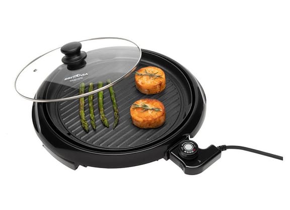 Grill Britânia BPE02 Redondo 1000W com Chapa - Antiaderente com Coletor de Gordura