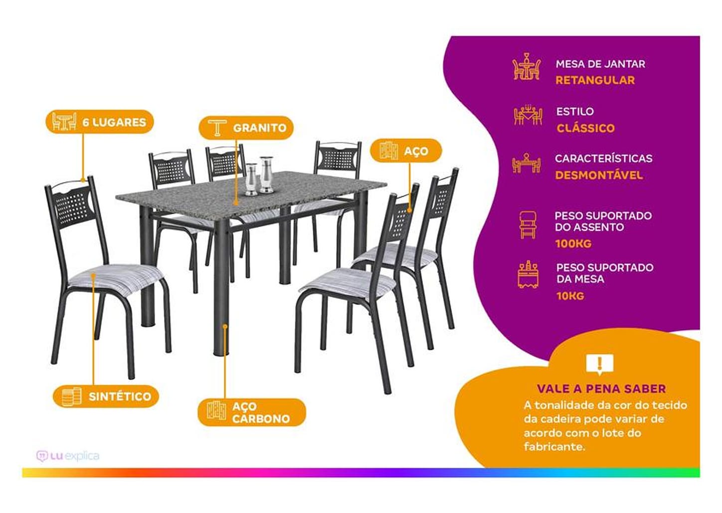 Mesa de Cozinha 6 Cadeiras 6 Lugares - Retangular Poeme Ciplafe