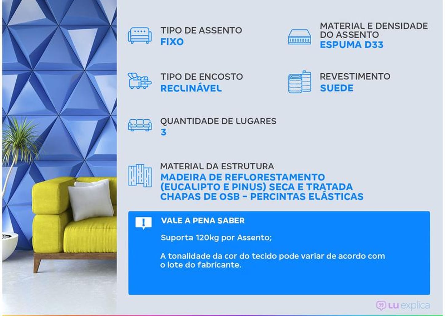 Sofá-cama Casal 3 Lugares Reclinável Suede Linoforte Jade A2