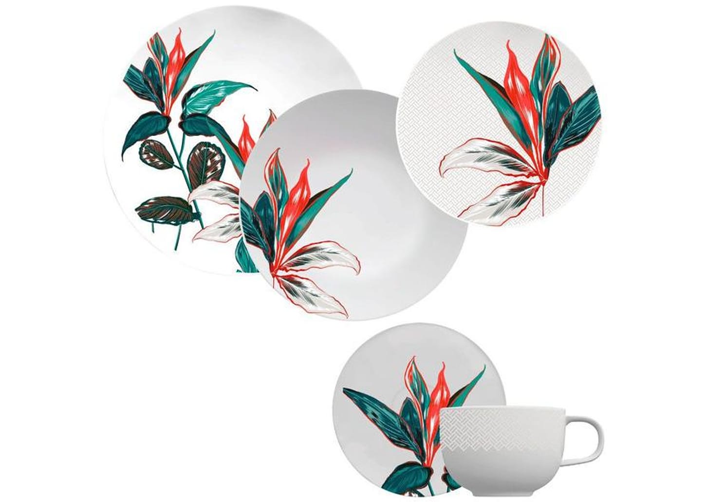 Aparelho de Jantar Jogo de Chá 30 Peças - Germer Porcelanas Redondo Tropical Convexa