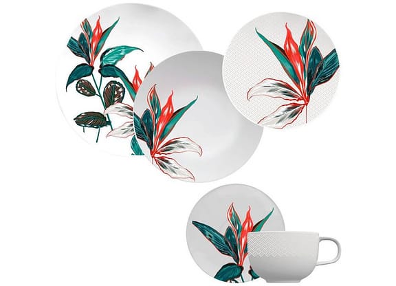 Aparelho de Jantar Jogo de Chá 30 Peças - Germer Porcelanas Redondo Tropical Convexa