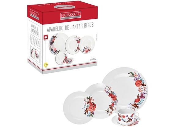 Aparelho de Jantar Chá 20 Peças Hauskraft - Porcelana Branco Birds