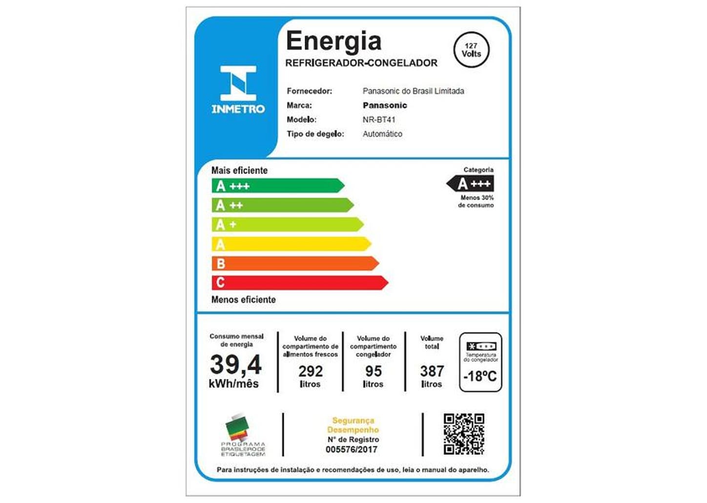 Geladeira/Refrigerador Panasonic Frost Free Duplex - Branca 387L Top Freezer BT41