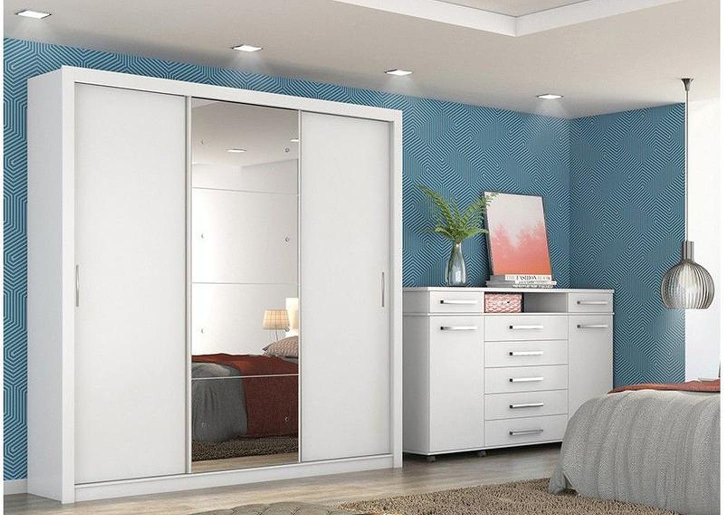 Guarda-roupa Casal com Espelho 3 Portas de Correr 2 Gavetas Demóbile Residence II