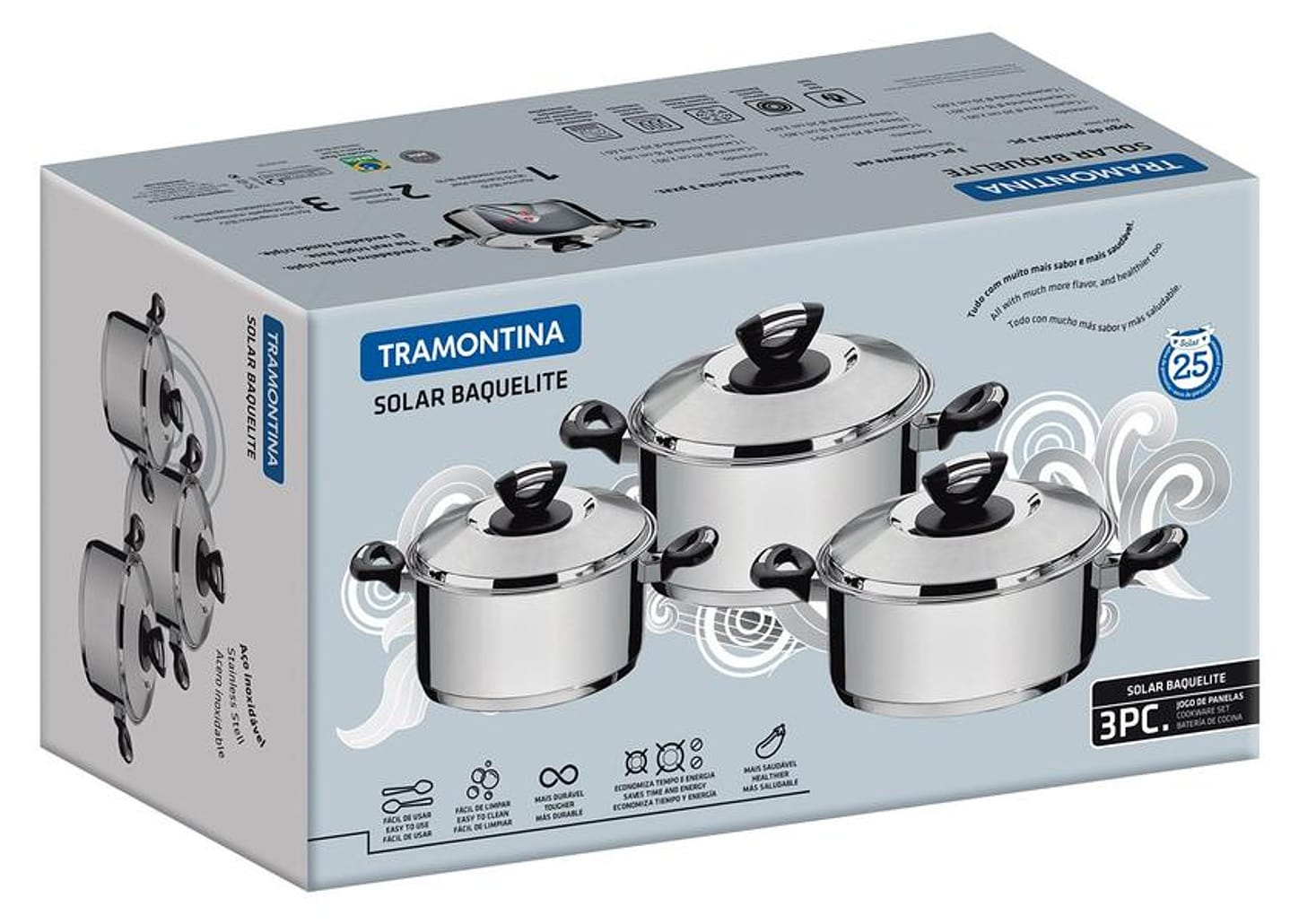 Jogo de Panelas Tramontina Inox Fundo Triplo 3 Peças Solar