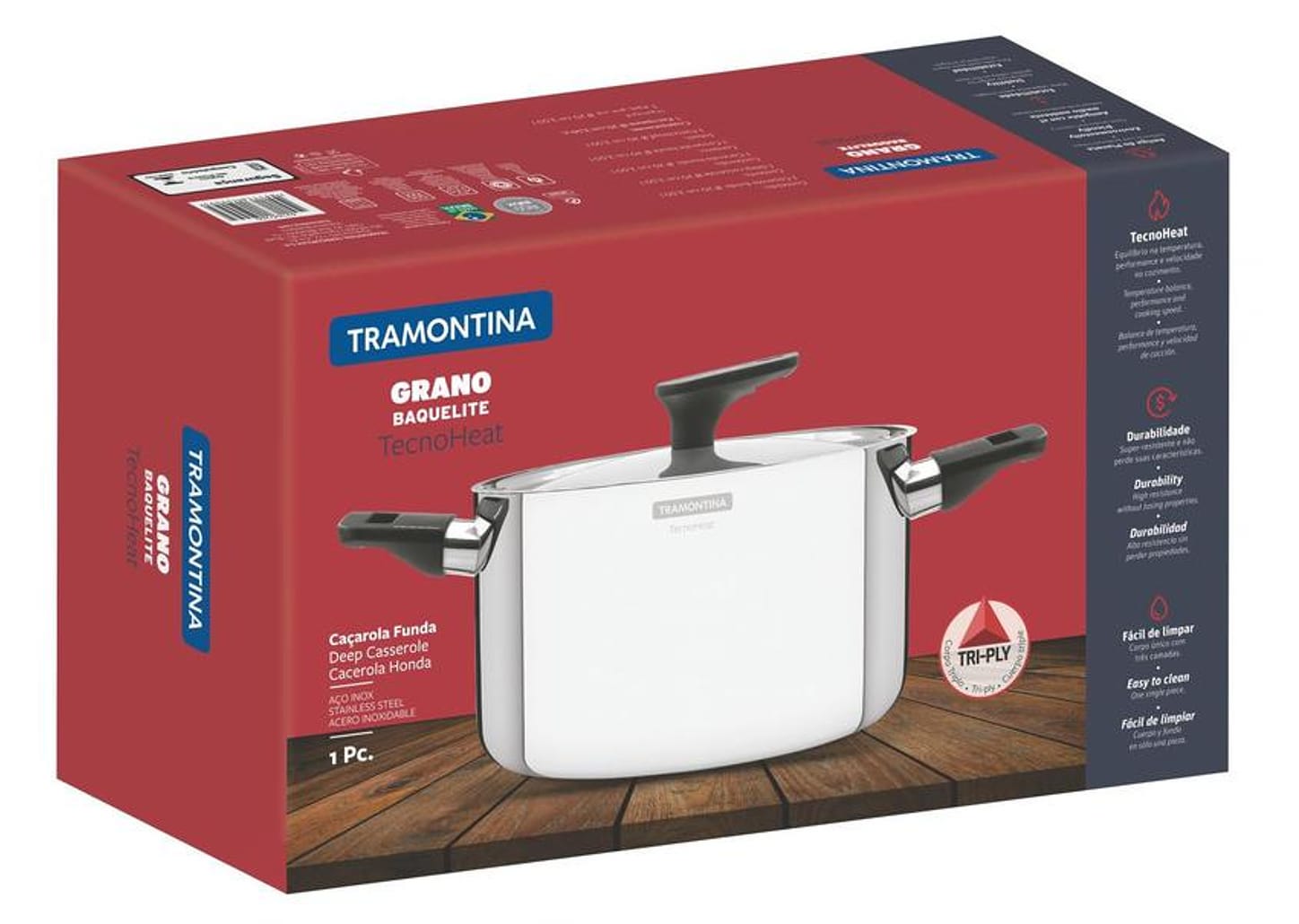 Caçarola Tramontina Inox Fundo Triplo com Tampa 3,5L 20cm Grano Baquelite