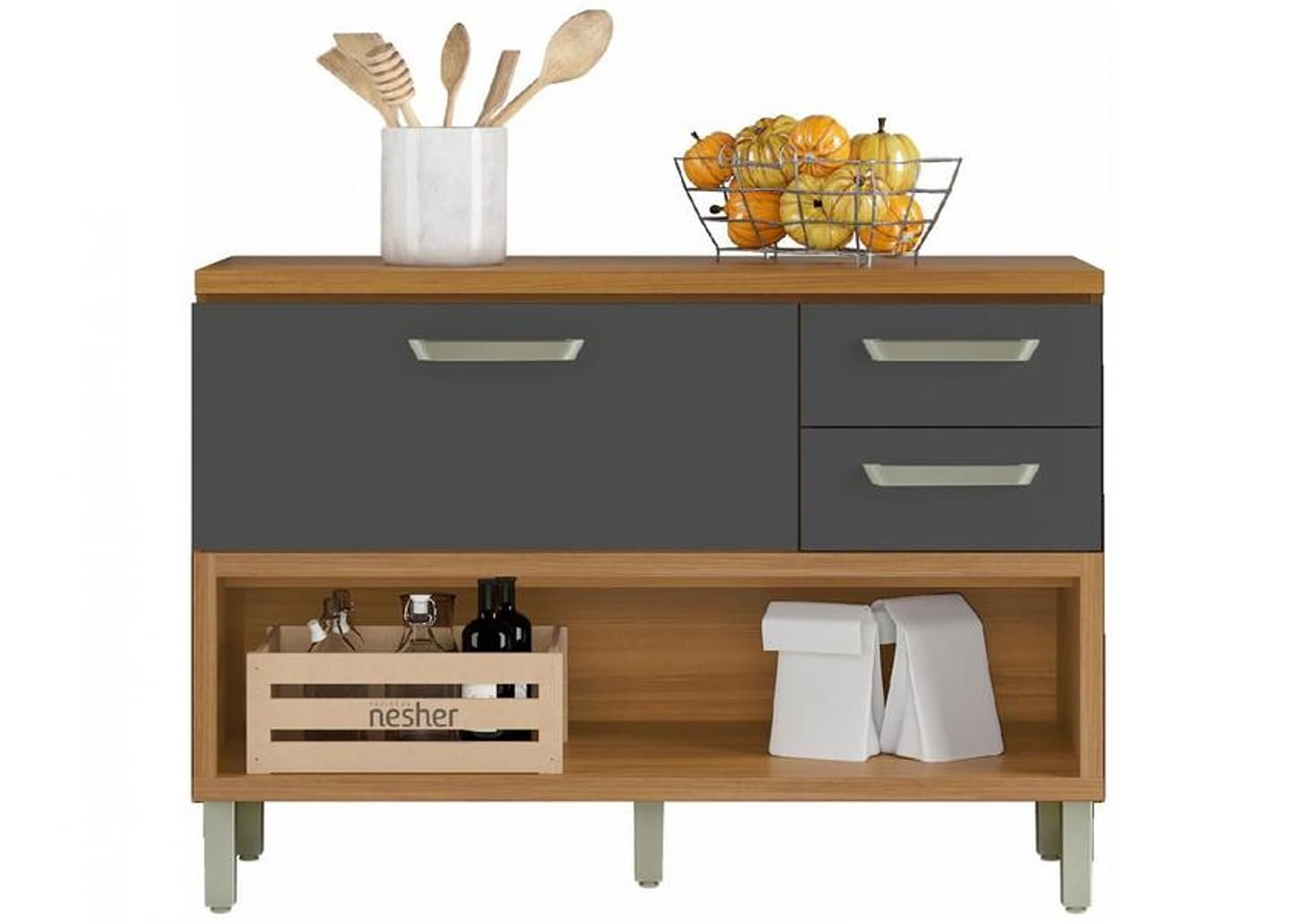 Balcão de Cozinha com Tampo Cozinhas Nesher 100% MDF 1 Porta 2 Gavetas Realeza