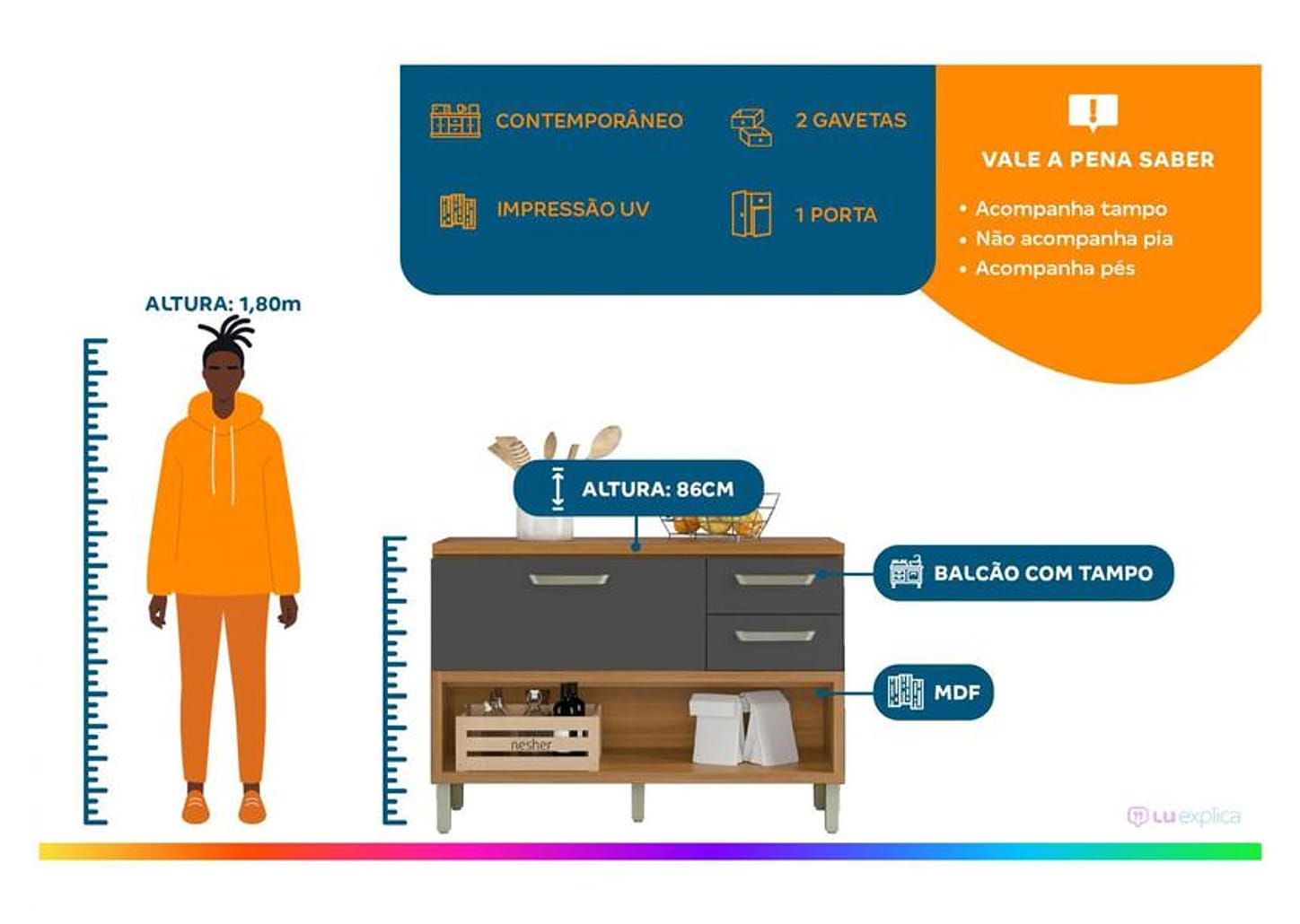 Balcão de Cozinha com Tampo Cozinhas Nesher 100% MDF 1 Porta 2 Gavetas Realeza