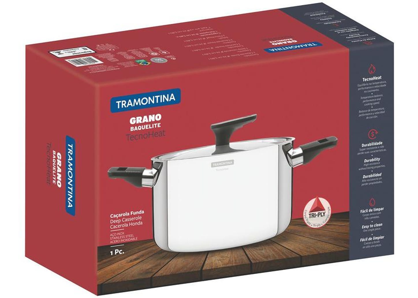 Caçarola Tramontina Inox Fundo Triplo com Tampa 5,8L 24cm Grano Baquelite