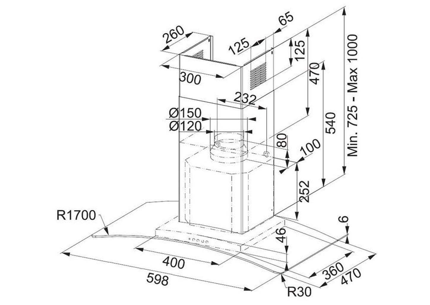 Coifa de Parede Franke 60cm 4 Bocas com Vidro Curvo Inox 3 Velocidades Glass Ray