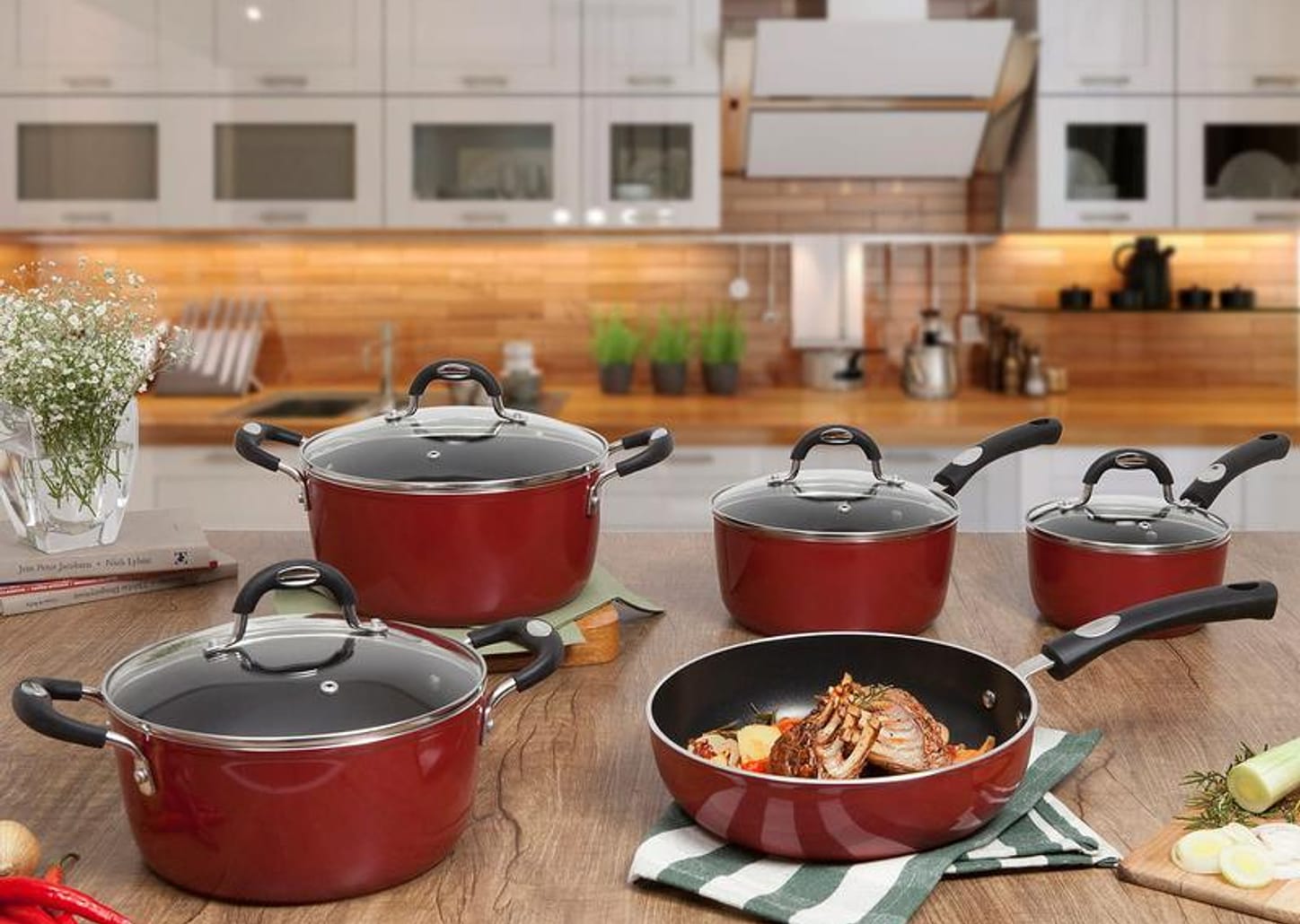 Jogo de Panelas Tramontina Antiaderente de Alumínio Vermelho 5 Peças Mônaco