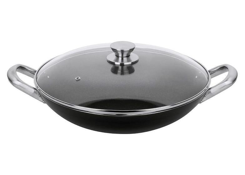 Panela Wok Antiaderente Multiflon de Alumínio com Tampa Profissional Preto 34cm