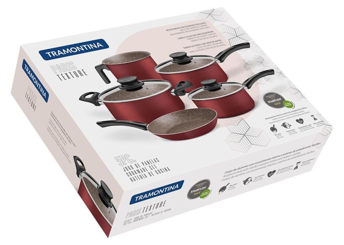 Jogo de Panelas Tramontina Antiaderente de Alumínio Vermelho 5 Peças Texture Paris