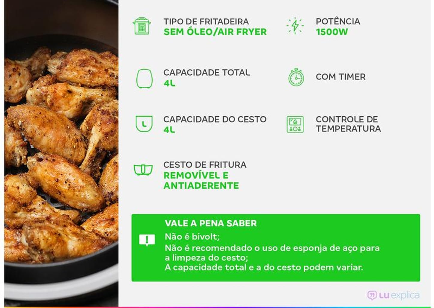 Fritadeira Elétrica sem Óleo/Air Fryer Mondial - Family Inox I 4L com Timer