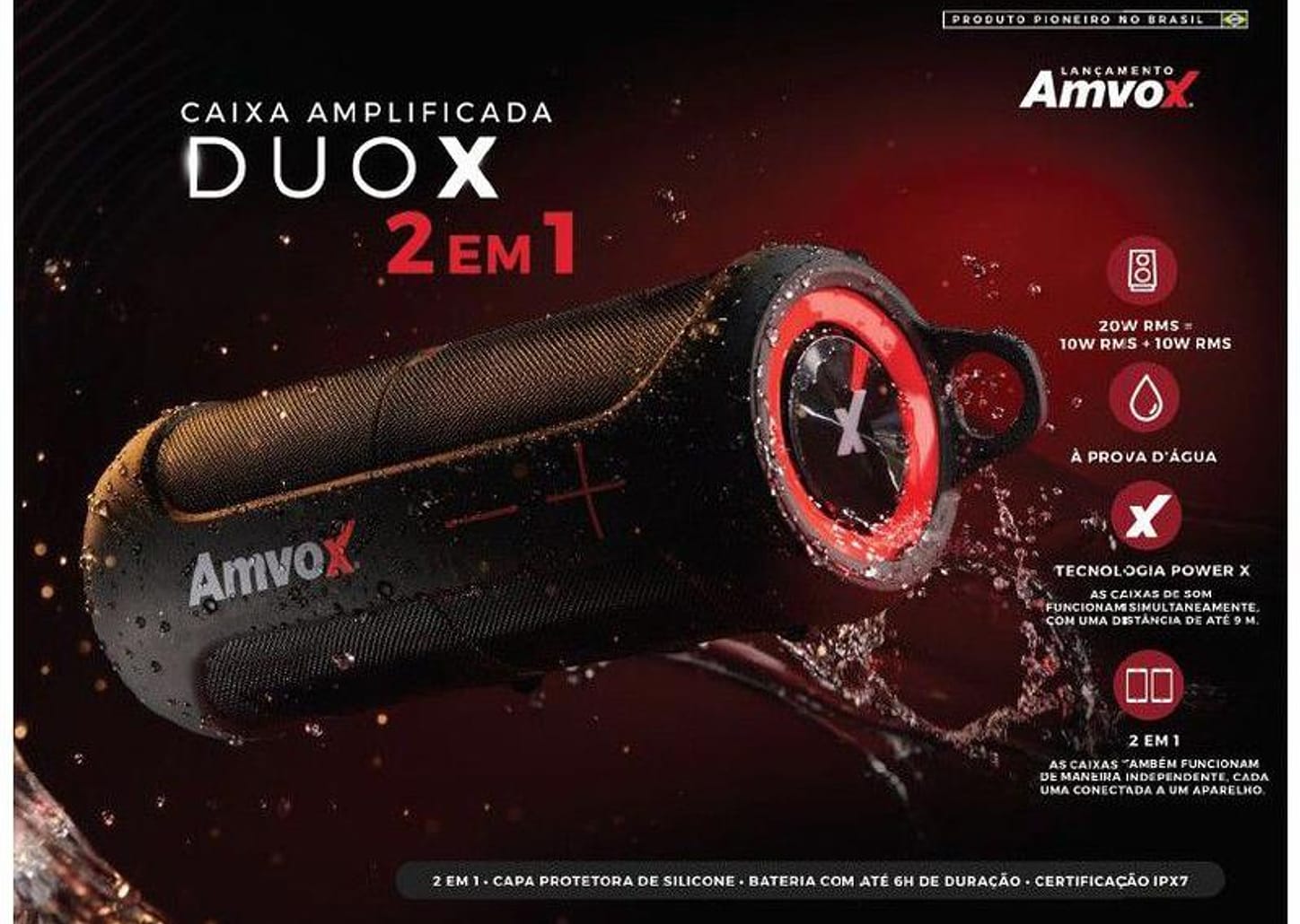 Caixa de Som Amvox Duo X Bluetooth Portátil - Amplificada 20W à Prova de Água