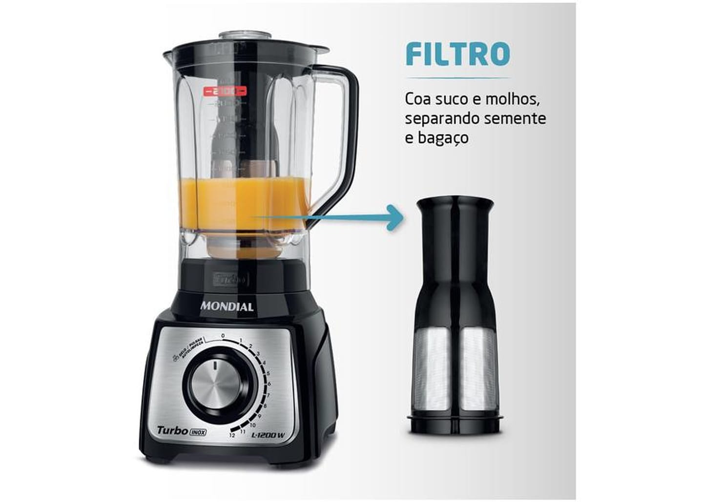 Liquidificador Mondial L-1200 BI - Preto Inox com Filtro 12 Velocidades 1200W