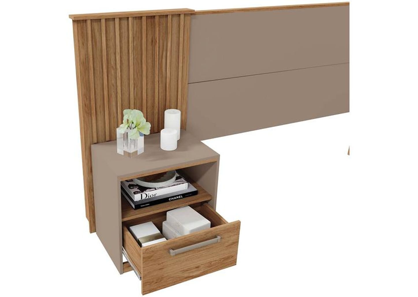 Cabeceira Solteiro/Casal/Queen com Mesinha - Caemmun Belize Buriti e Fendi