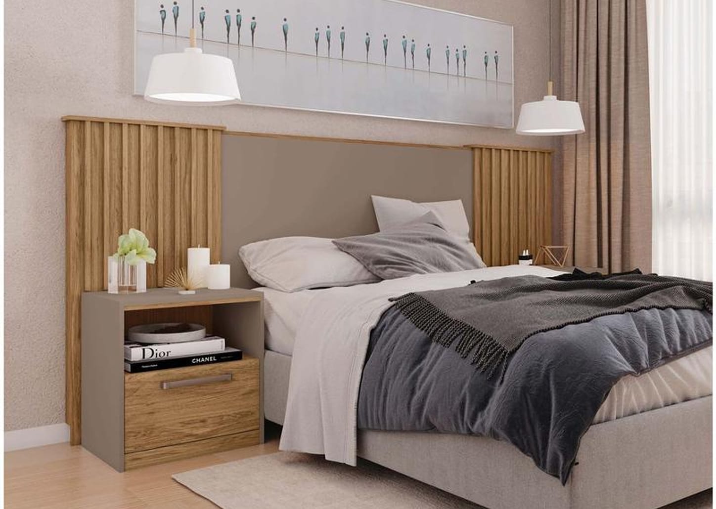 Cabeceira Solteiro/Casal/Queen com Mesinha - Caemmun Belize Buriti e Fendi