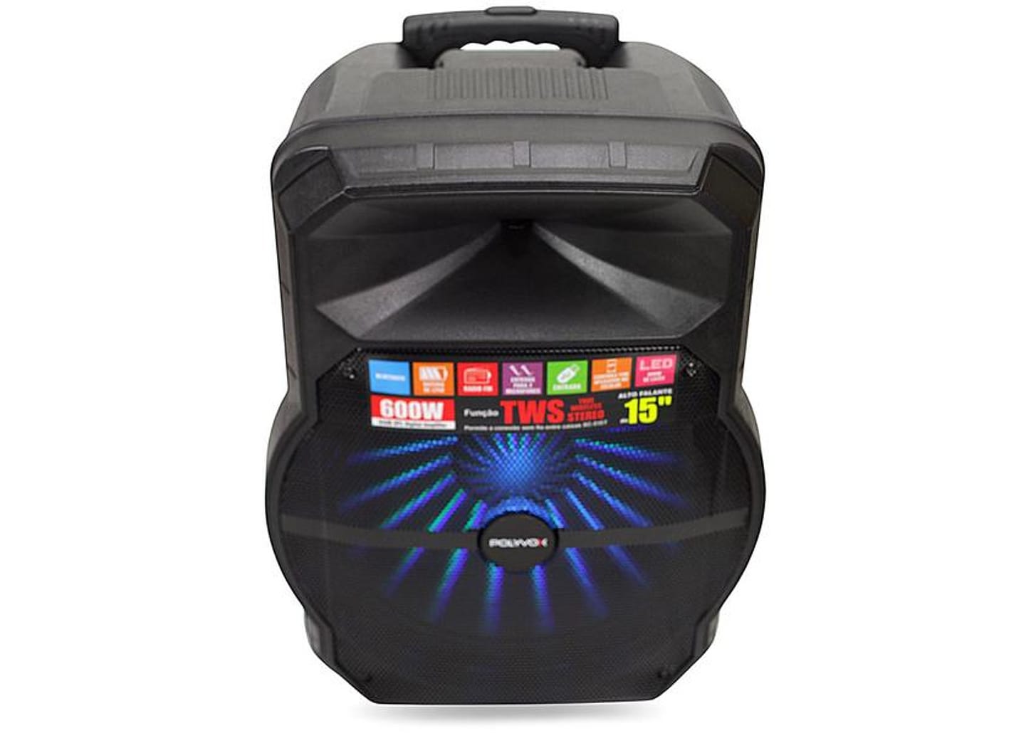 Caixa de Som Polyvox XC 515T Bluetooth Amplificada - Portátil 600W 15” USB com Tweeter