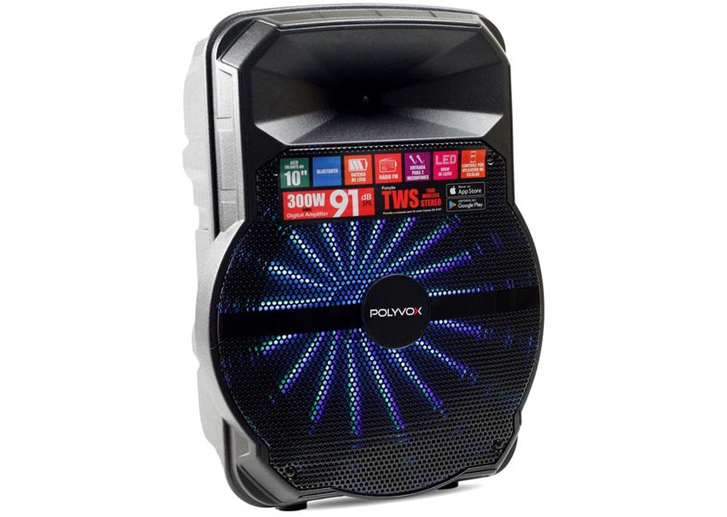 Caixa de Som Polyvox XC 510T Bluetooth Amplificada 300W 10” USB com Tweeter