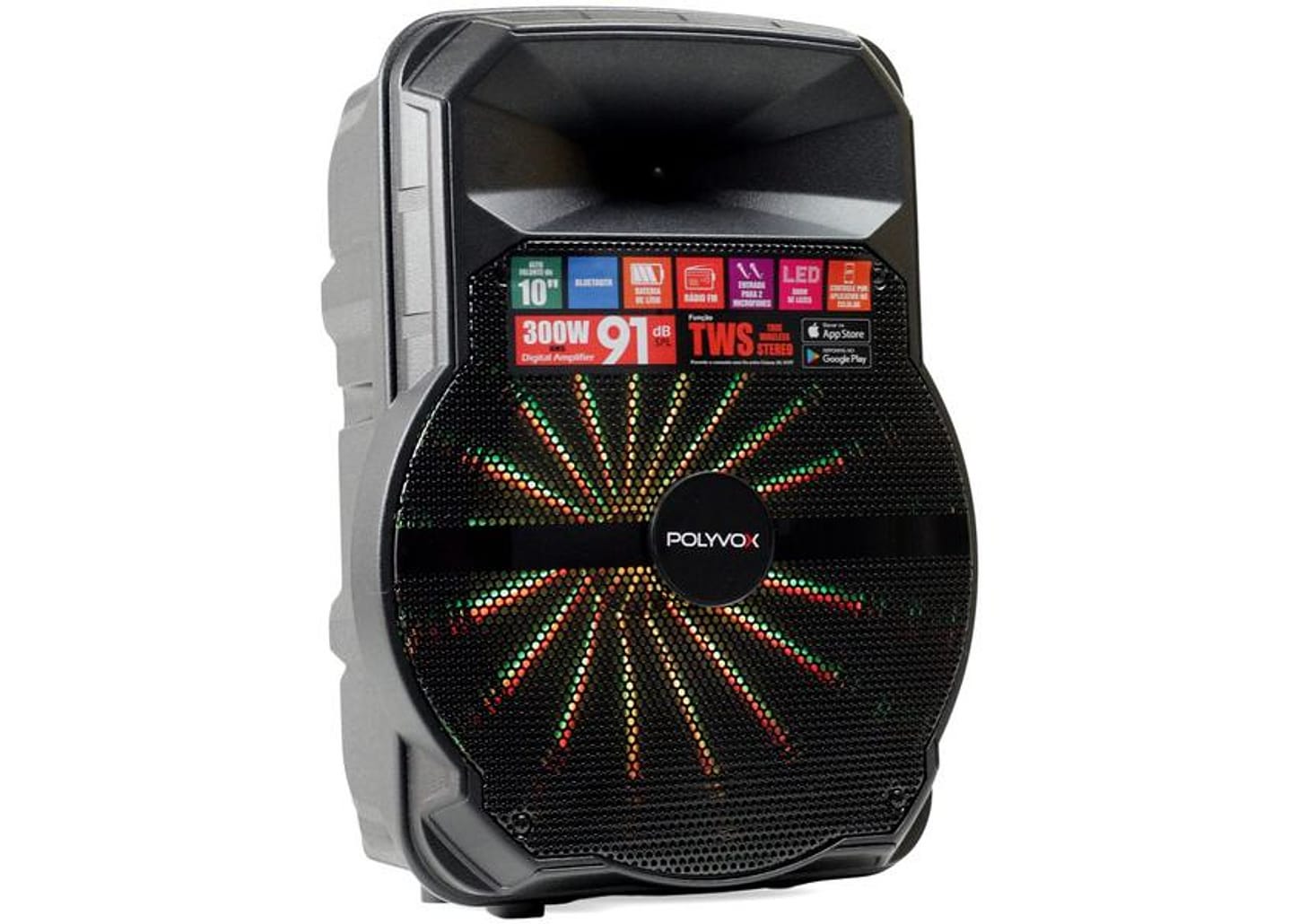 Caixa de Som Polyvox XC 510T Bluetooth Amplificada 300W 10” USB com Tweeter