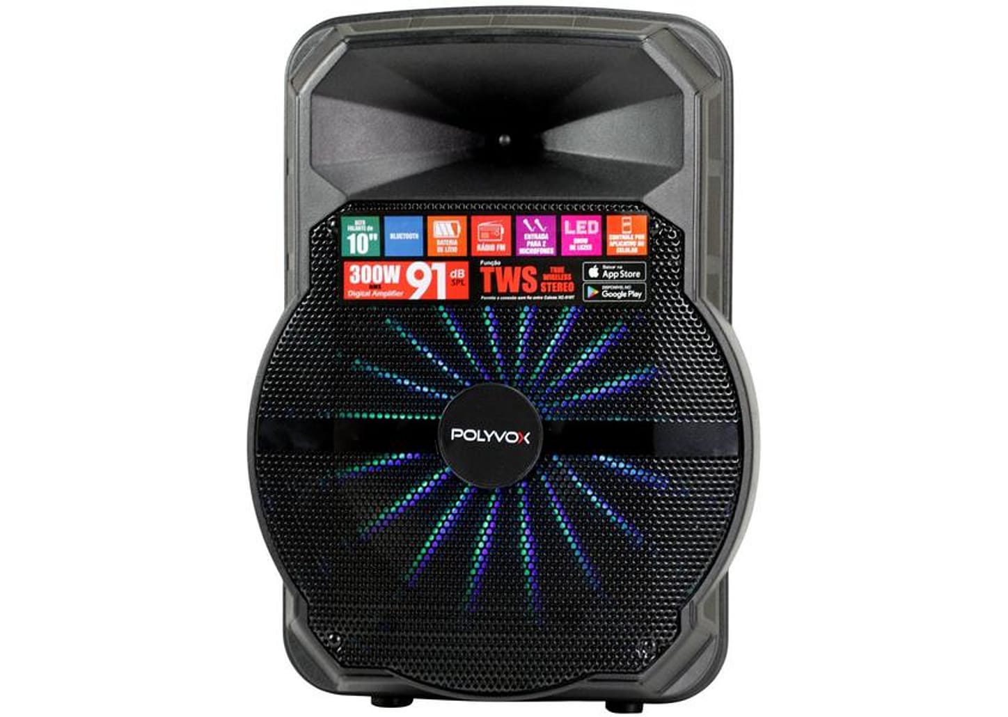 Caixa de Som Polyvox XC 510T Bluetooth Amplificada 300W 10” USB com Tweeter