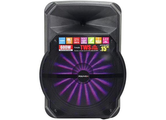 Caixa de Som Polyvox XC 515T Bluetooth Amplificada - Portátil 600W 15” USB com Tweeter