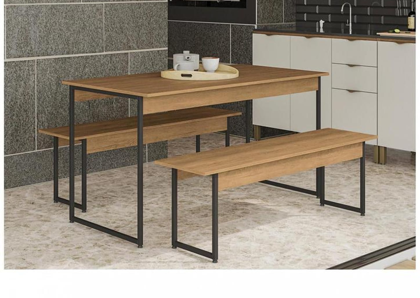 Mesa de Jantar 2 Bancos 4 Lugares Retangular - Freijó e Preto Industrial Kappesberg