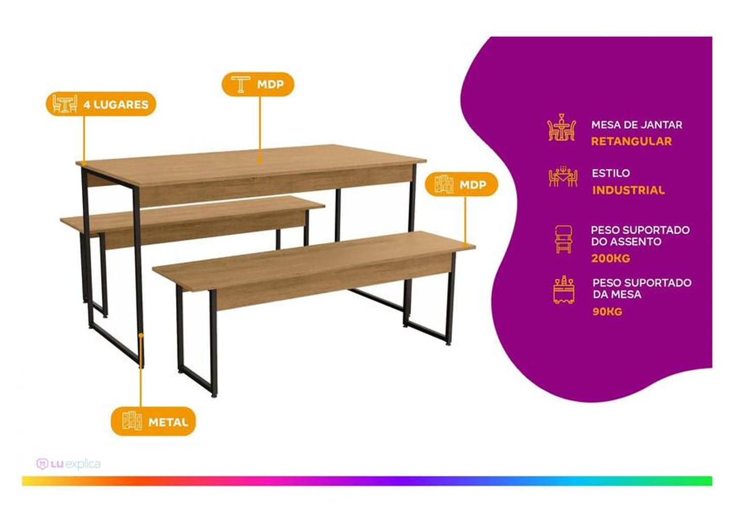 Mesa de Jantar 2 Bancos 4 Lugares Retangular - Freijó e Preto Industrial Kappesberg