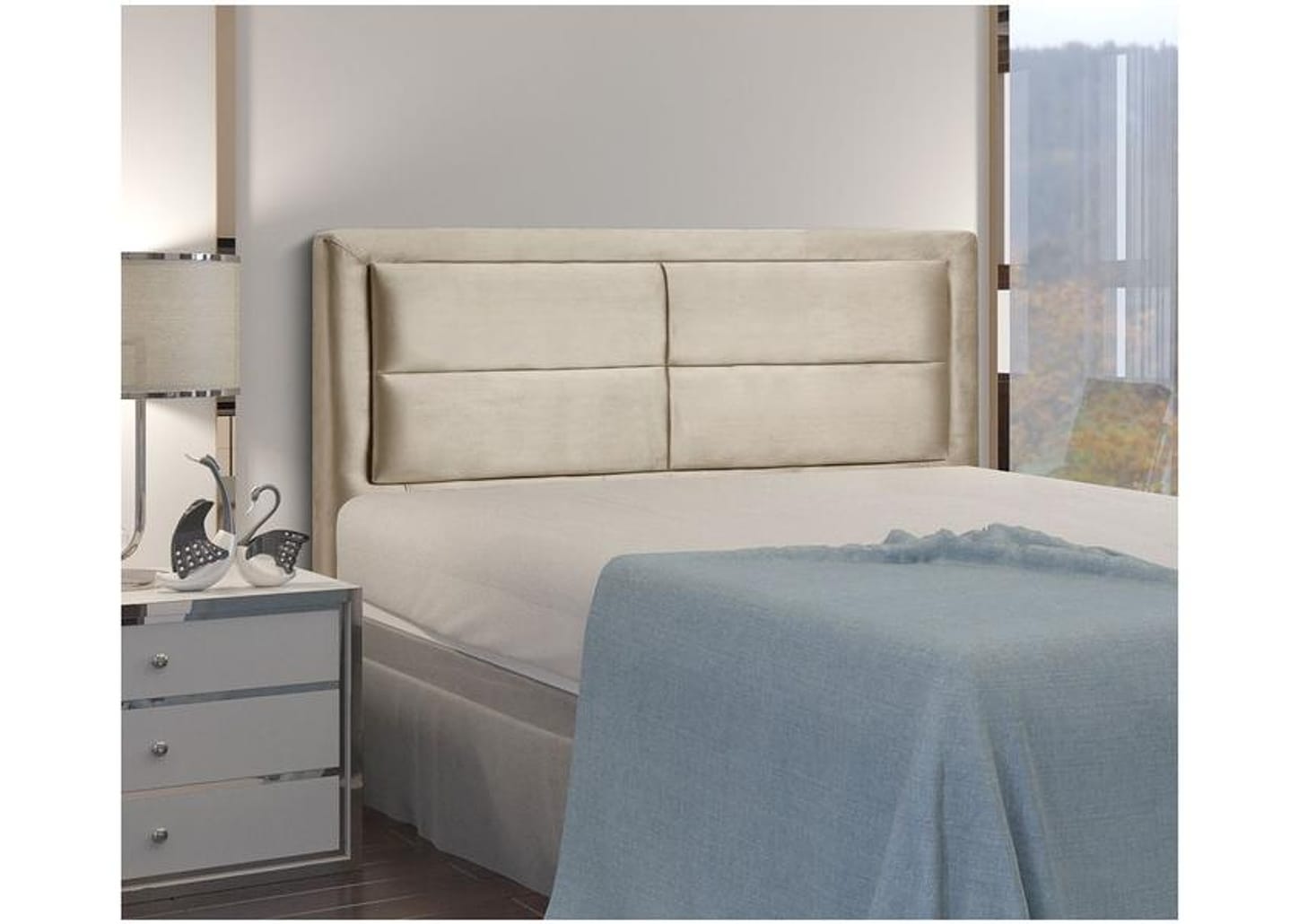Cabeceira Queen Estofada Dobuê Movelaria Estoril Veludo Bege