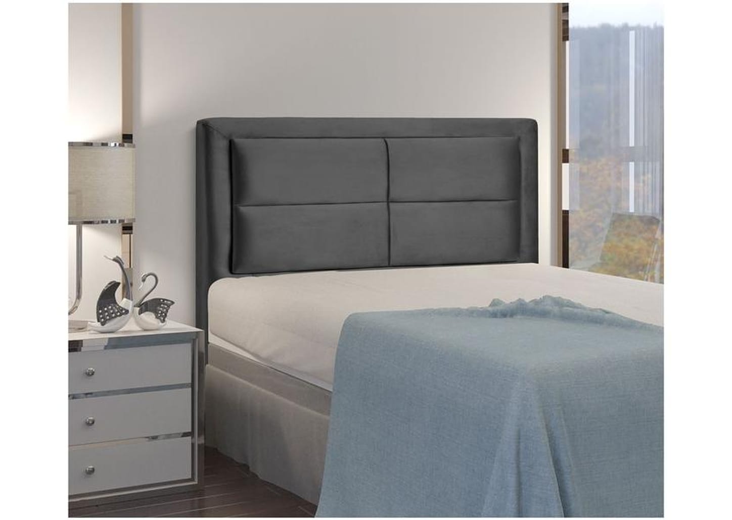 Cabeceira Casal Estofada Dobuê Movelaria Estoril Veludo Cinza