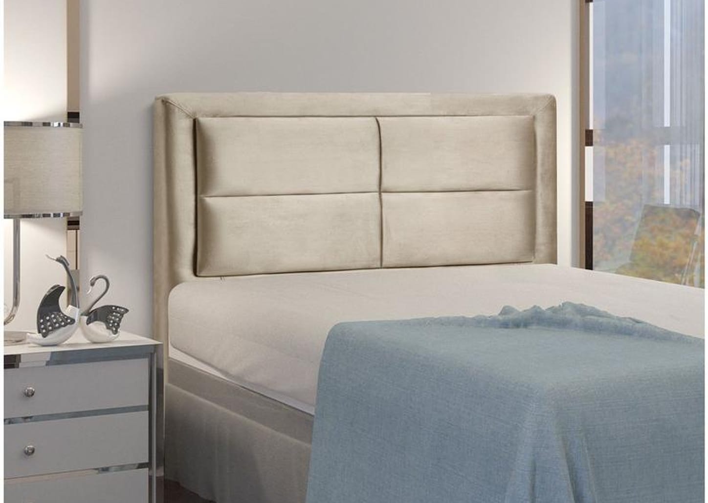 Cabeceira Casal Estofada Dobuê Movelaria Estoril Veludo Bege