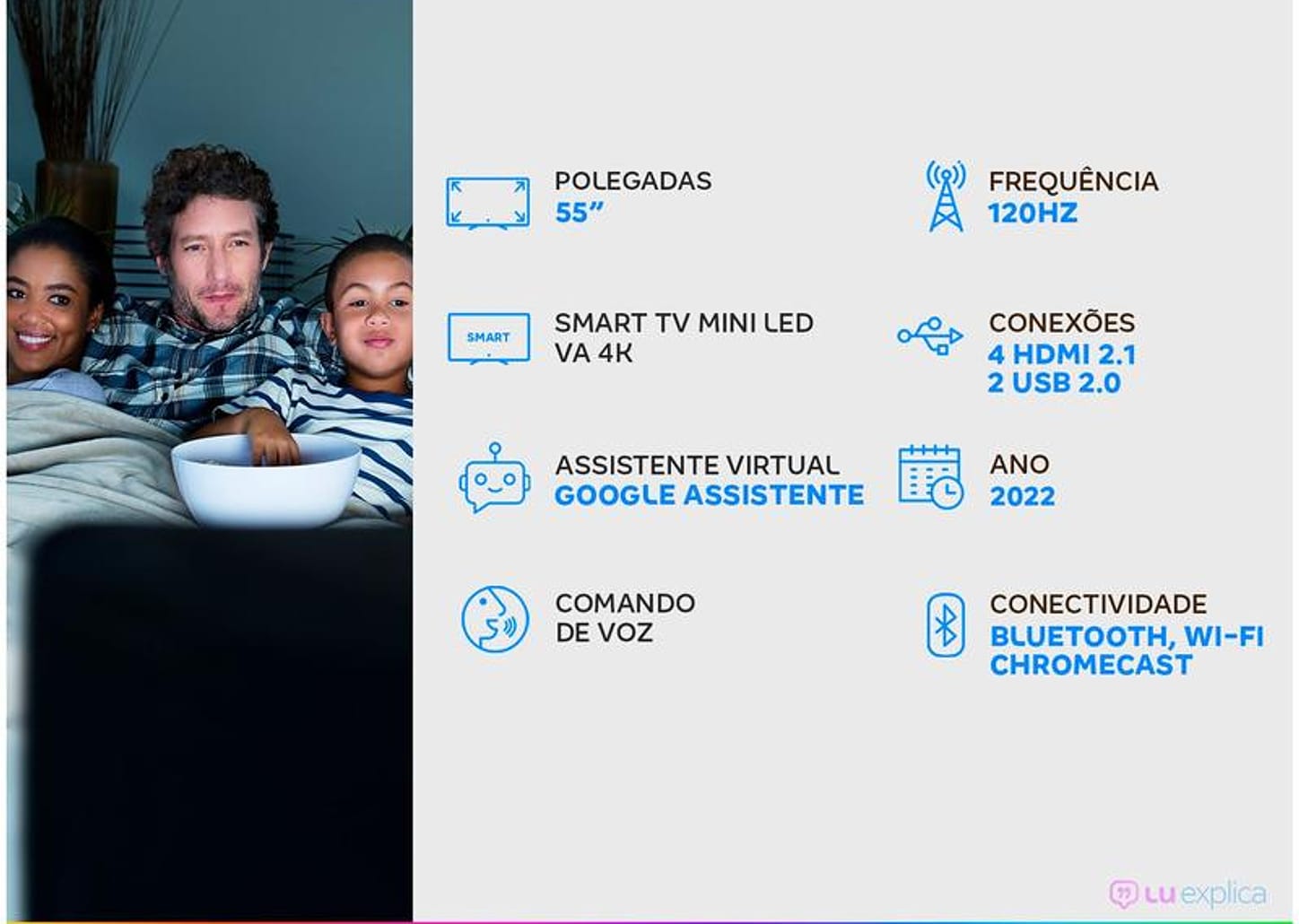 Smart TV 55”4K Mini LED TCL 55C825 VA 120Hz - Wi-Fi Bluetooth Google Assistente 4 HDMI 2 USB