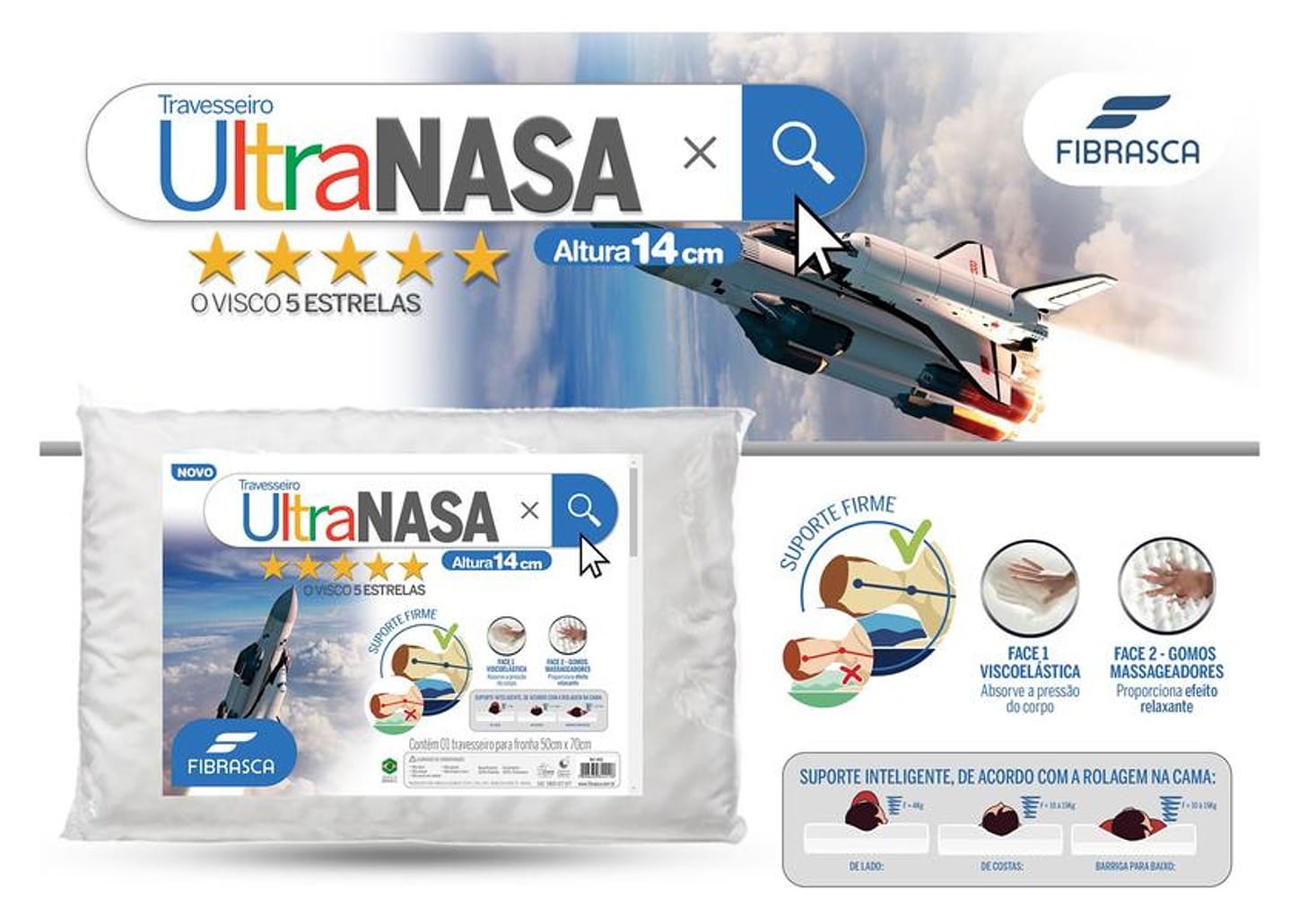 Travesseiro Nasa Fibrasca de Cabeça Viscoelástico - Dupla Face Ultra