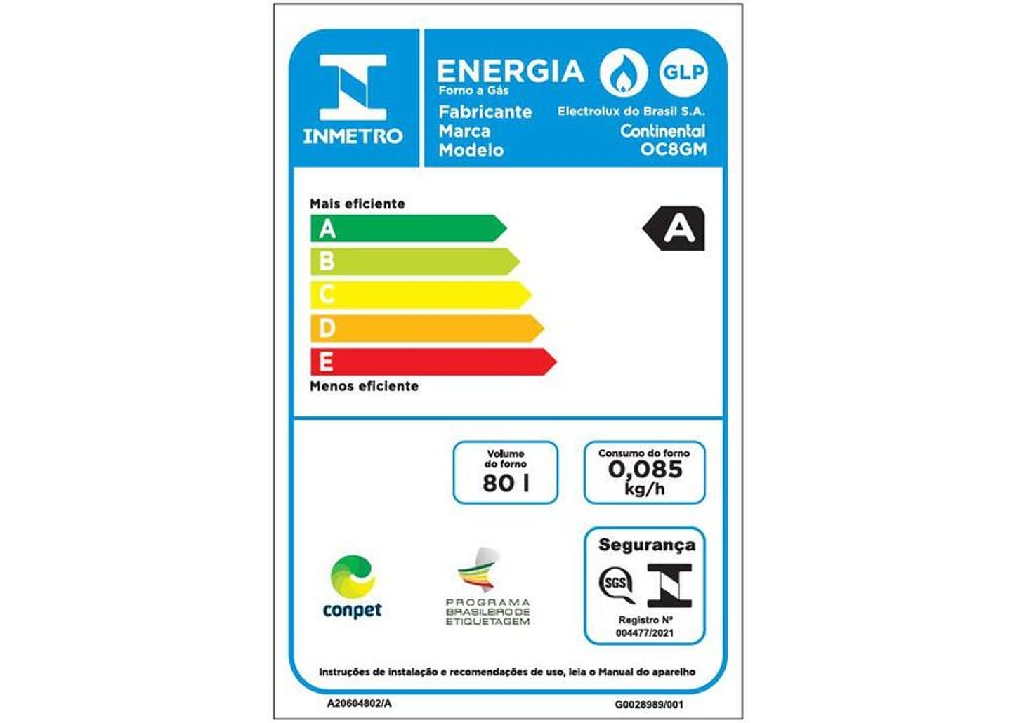 Forno a Gás de Embutir Continental 80L - Preto OC8GM