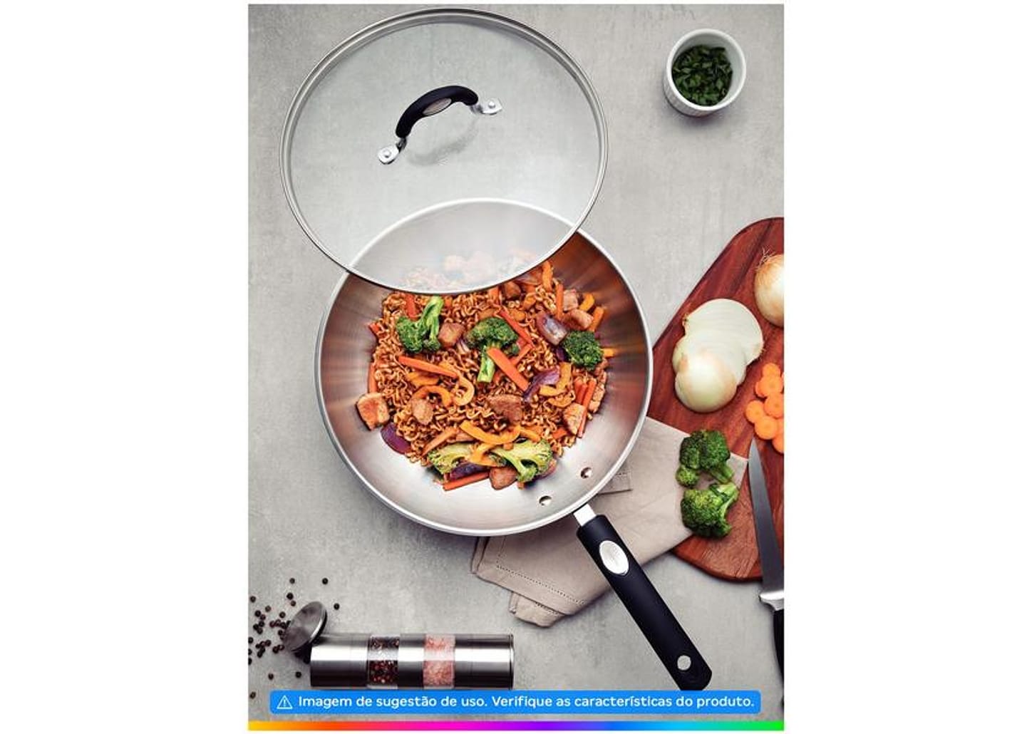 Panela Wok Antiaderente Fundo triplo Tramontina Solar Silicone Inox 28cm