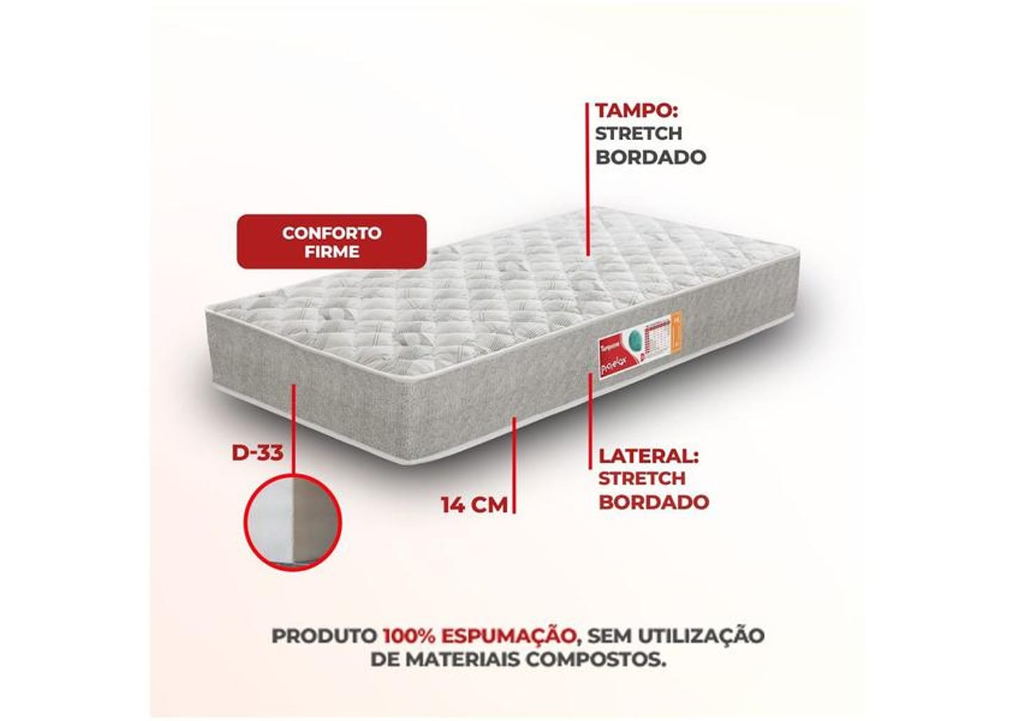 Colchão Solteiro de Espuma D-33 14x78x188cm Turquesa