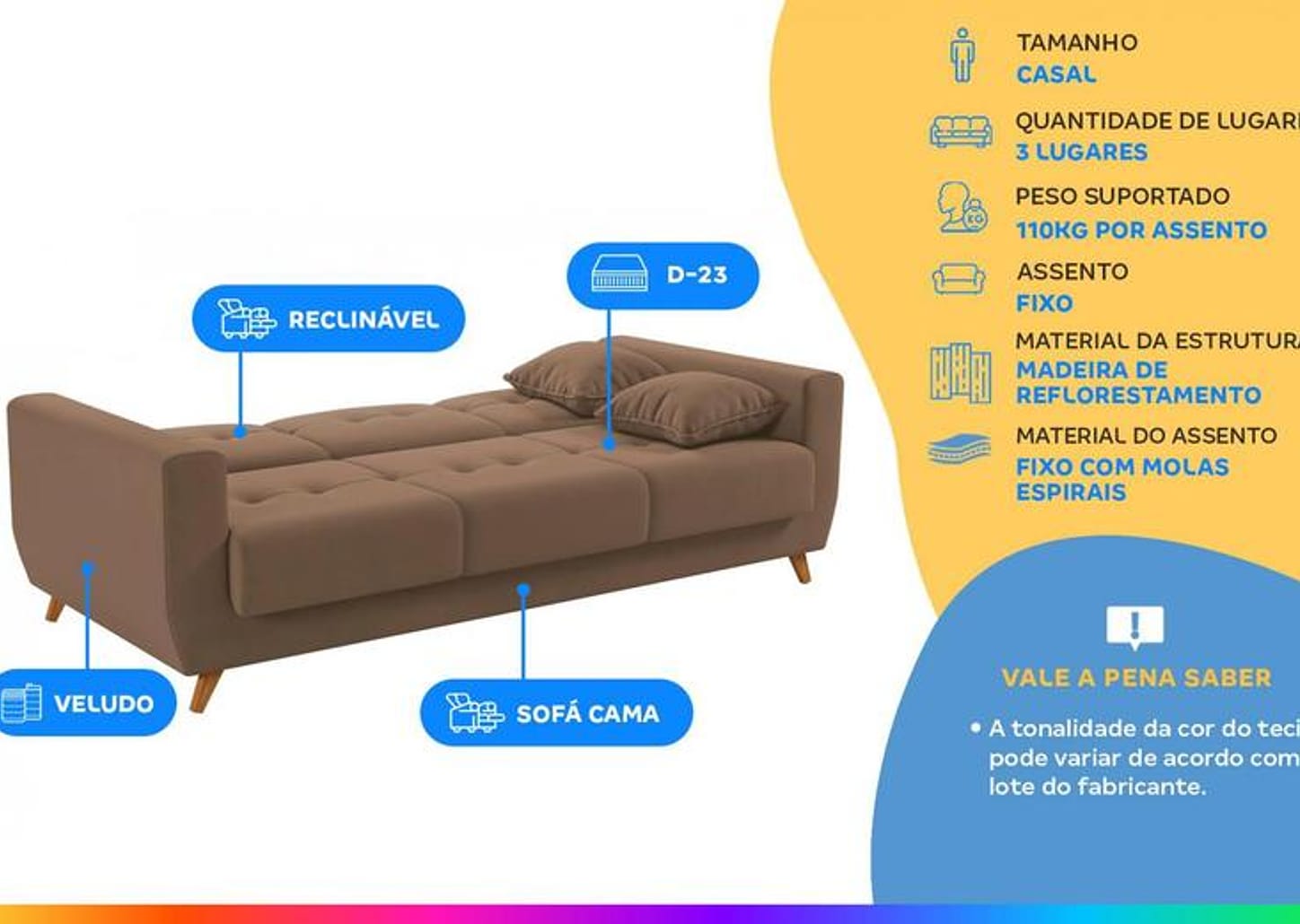 Sofá-cama Casal 3 Lugares com Baú Reclinável Veludo Matrix Pâmela