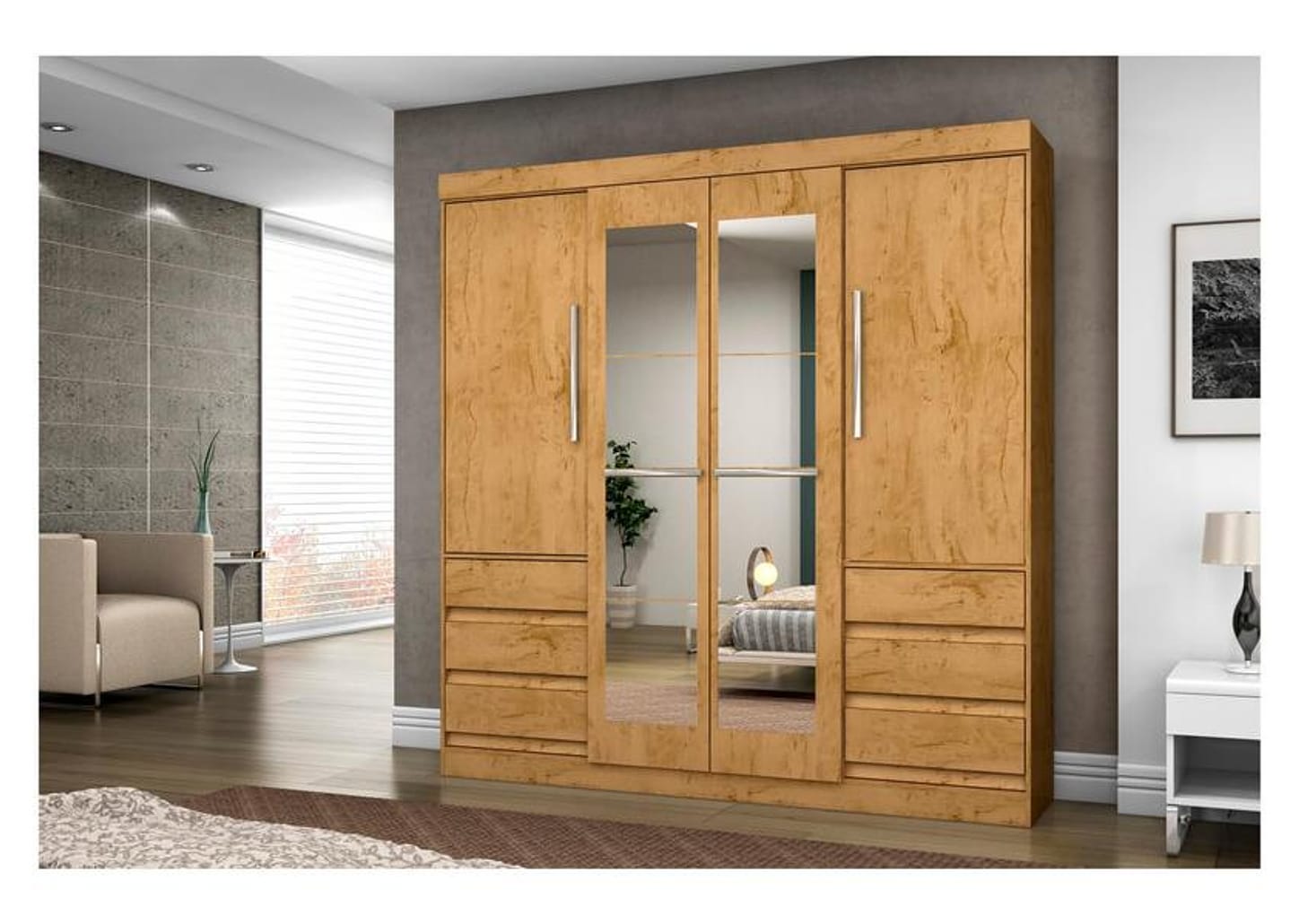 Guarda-roupa Casal com Espelho 4 Portas 6 Gavetas Araplac Sofia