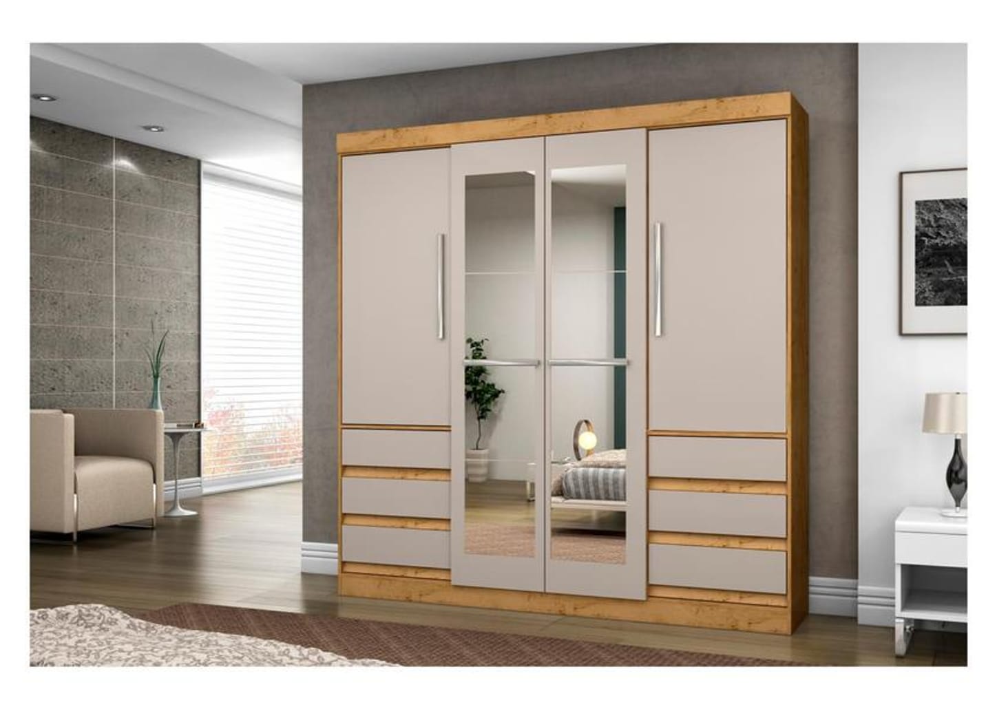 Guarda-roupa Casal com Espelho 4 Portas 6 Gavetas Araplac Sofia