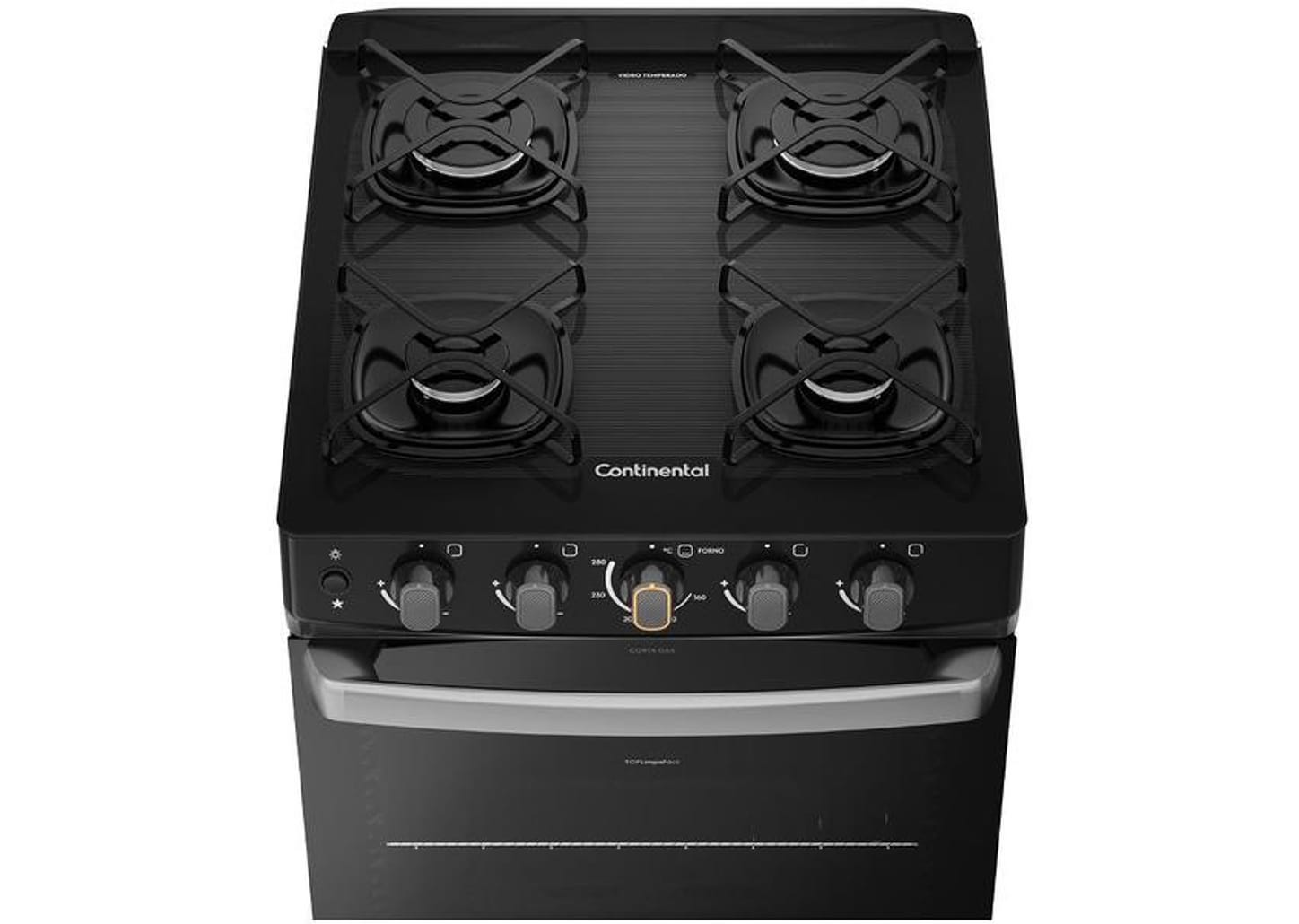 Fogão 4 Bocas Continental Mesa de Vidro Preto - Acendimento Automático FC4FP